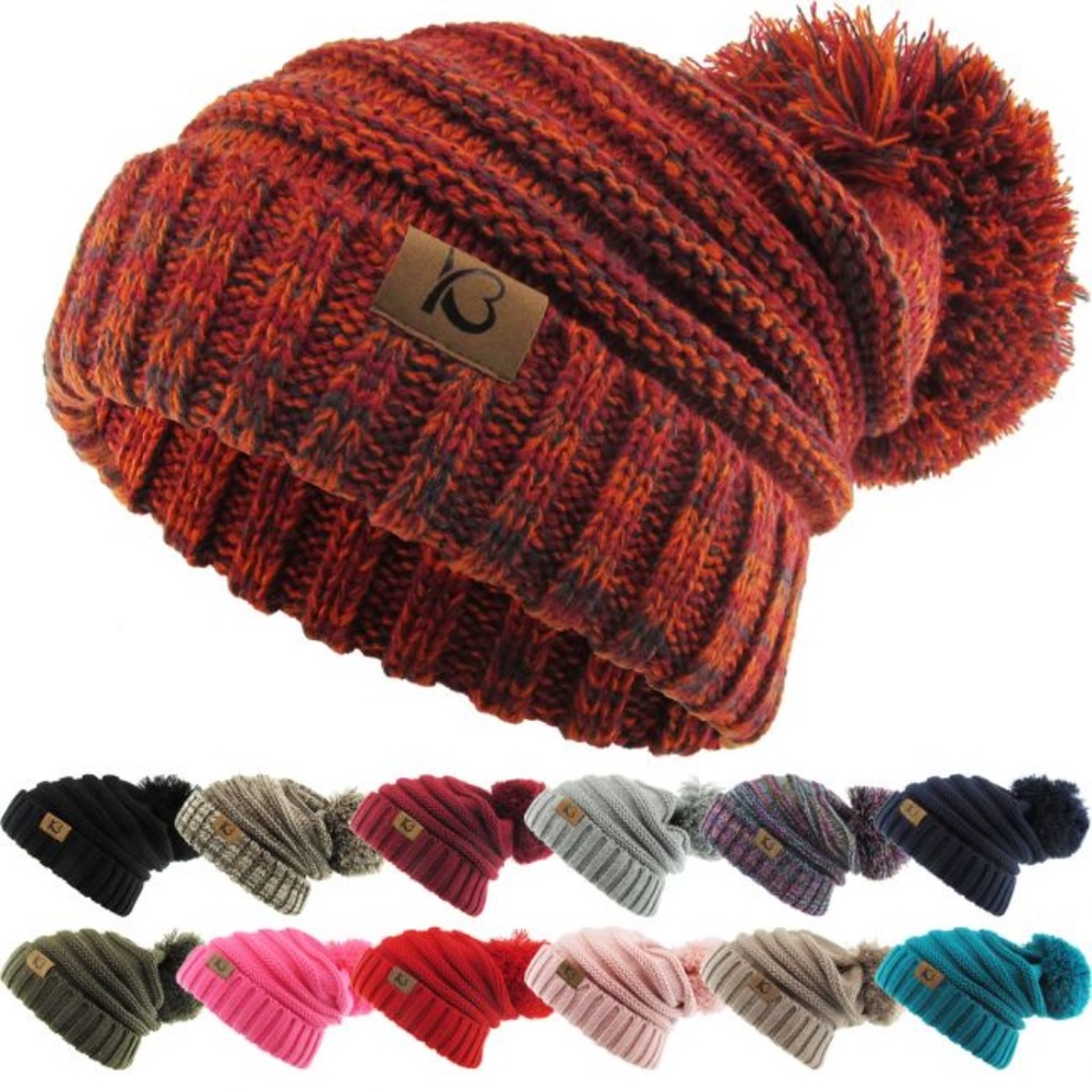 Chunk Pom Pom Cable Knit Ribbed Beanie